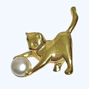 VTG Cat Pin Brooch Imitation Pearl White Ball Kitten Kitty Playing Pet Jewelry